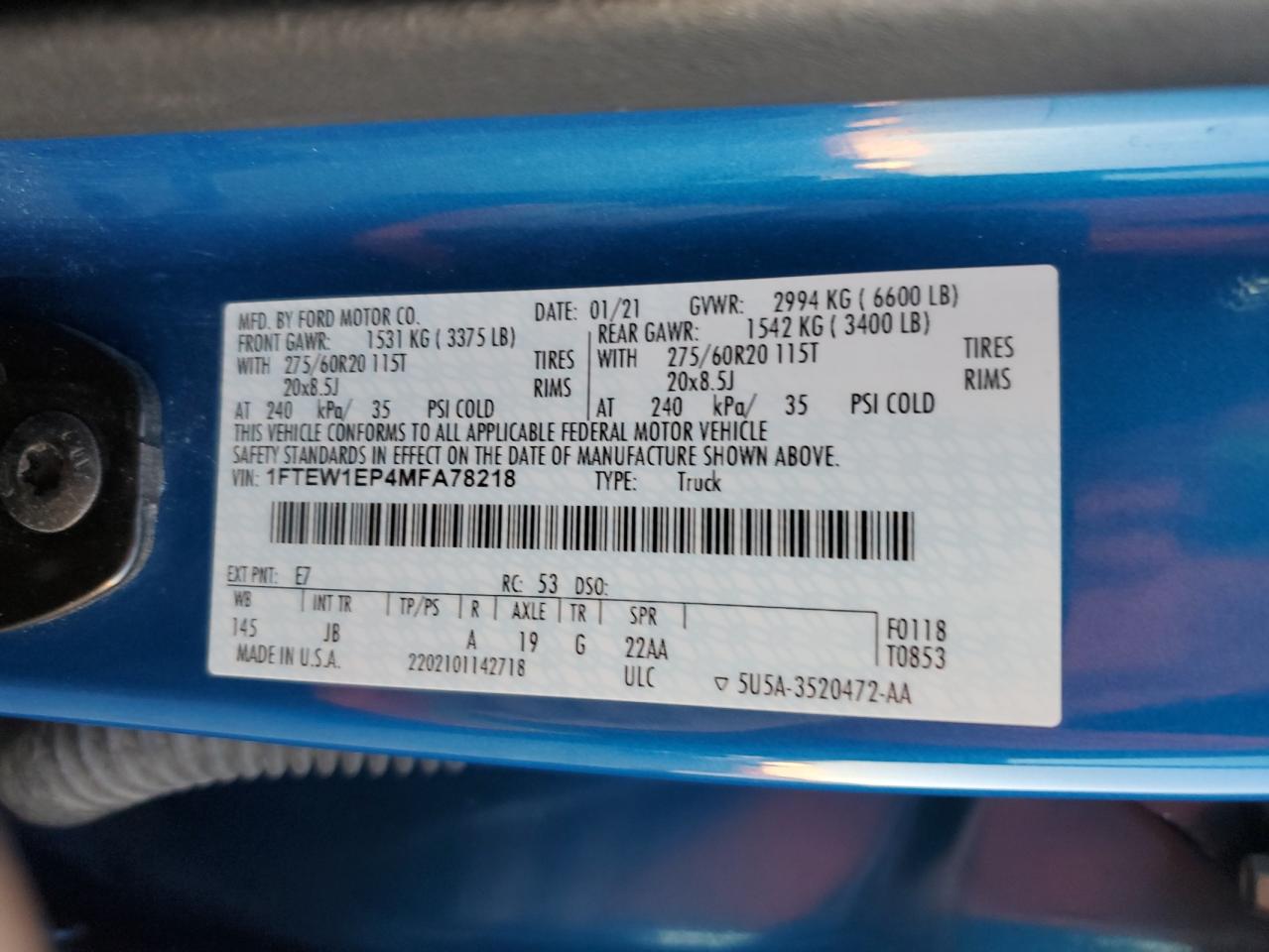 2021 Ford F-150 VIN 1FTEW1EP4MFA78218 Copart auction photo, front end / side damage thumbnail 14