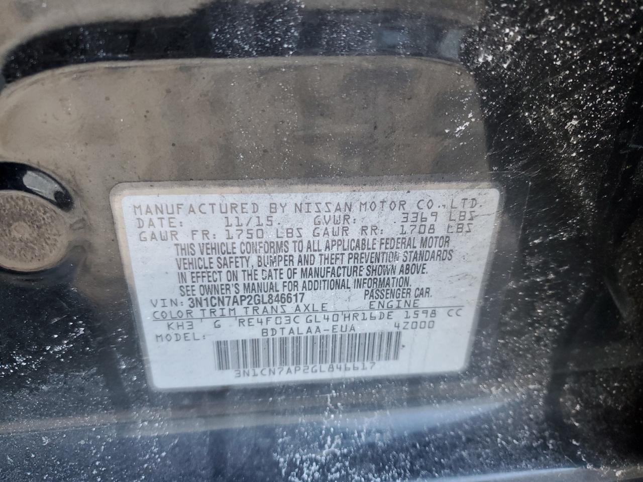 2016 Nissan Versa VIN 3N1CN7AP2GL846617 Copart auction photo, front end damage thumbnail 12
