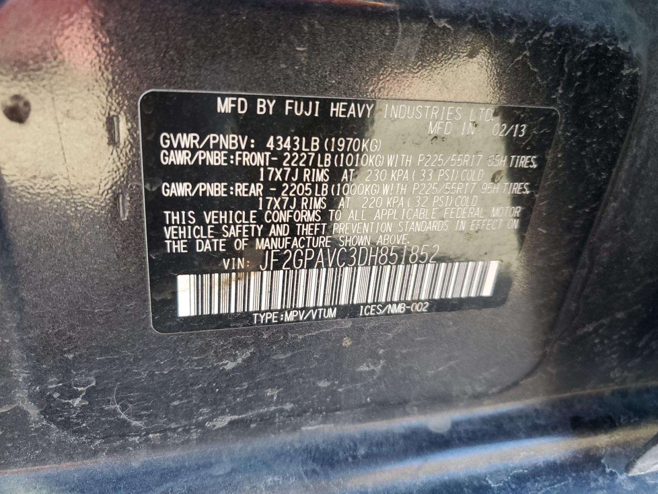 2013 Subaru XV VIN JF2GPAVC3DH851852 Copart auction photo, front end damage thumbnail 13