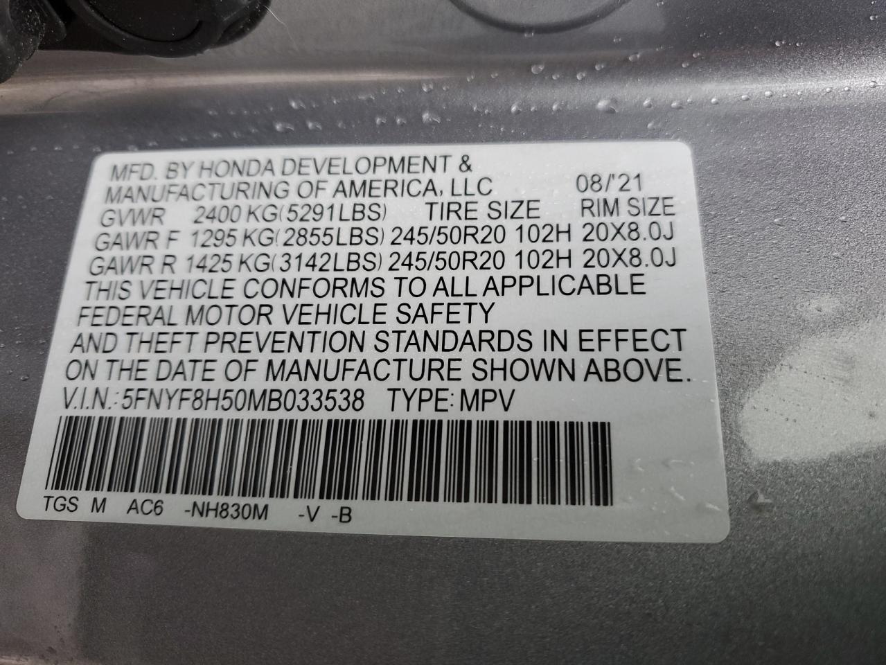 2021 Honda Passport VIN 5FNYF8H50MB033538 Copart auction photo, front end / side damage thumbnail 14