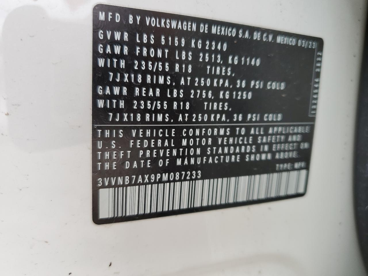 2023 Volkswagen Tiguan VIN 3VVNB7AX9PM087233 Copart auction photo, front end / rear end damage thumbnail 14