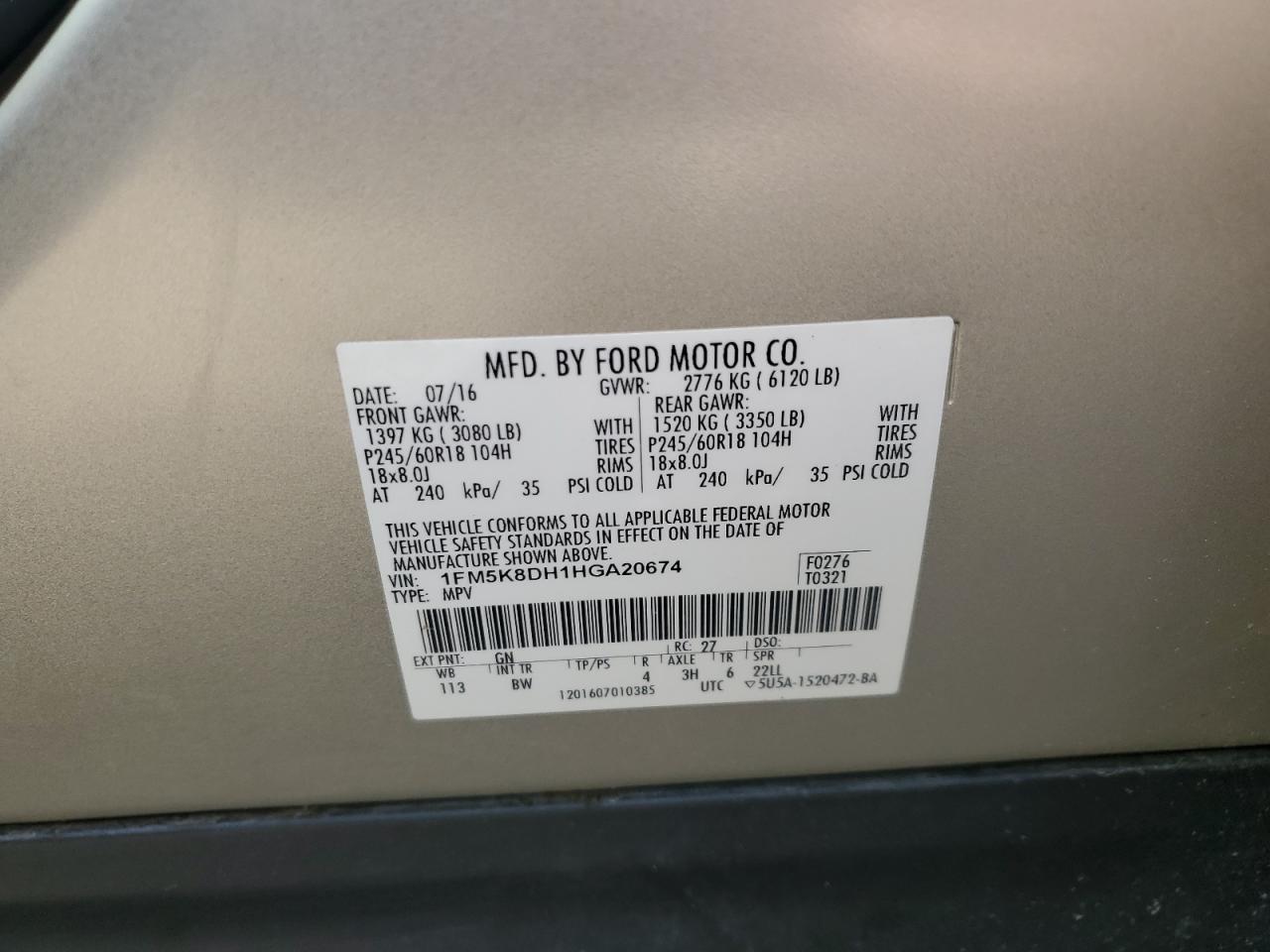2017 Ford Explorer VIN 1FM5K8DH1HGA20674 Copart auction photo, rear end / minor dent/scratches damage thumbnail 13