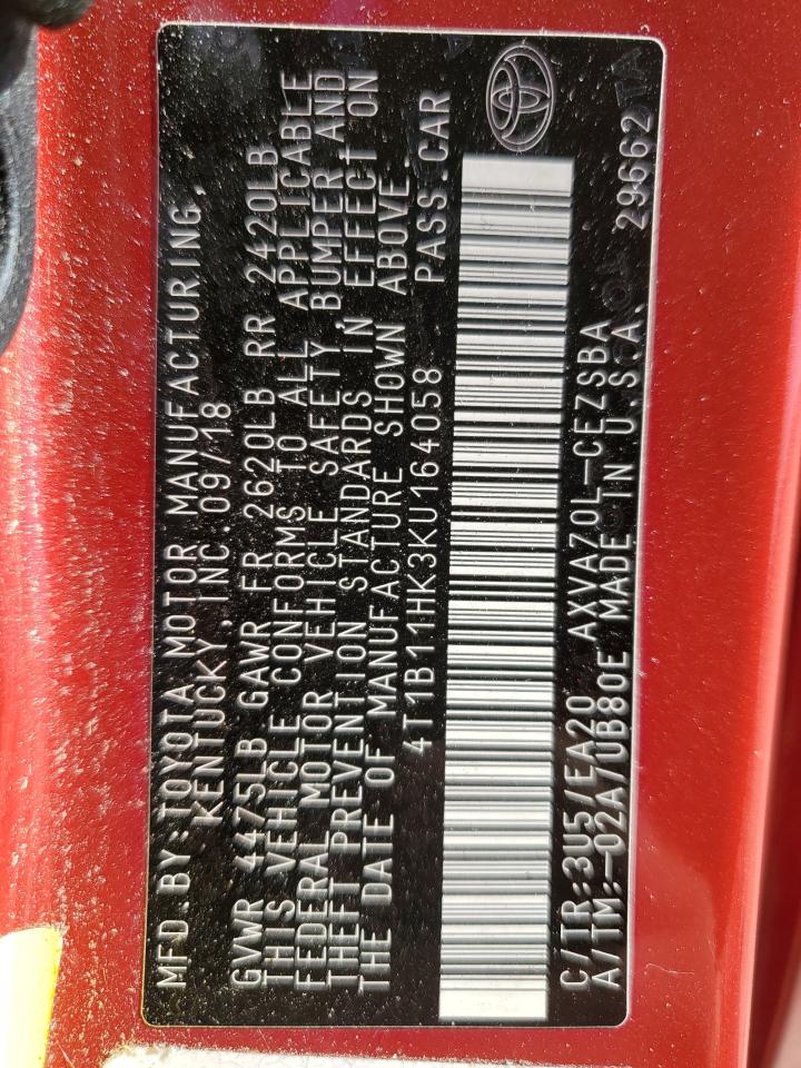 2019 Toyota Camry VIN 4T1B11HK3KU164058 Copart auction photo, front end / minor dent/scratches damage thumbnail 16
