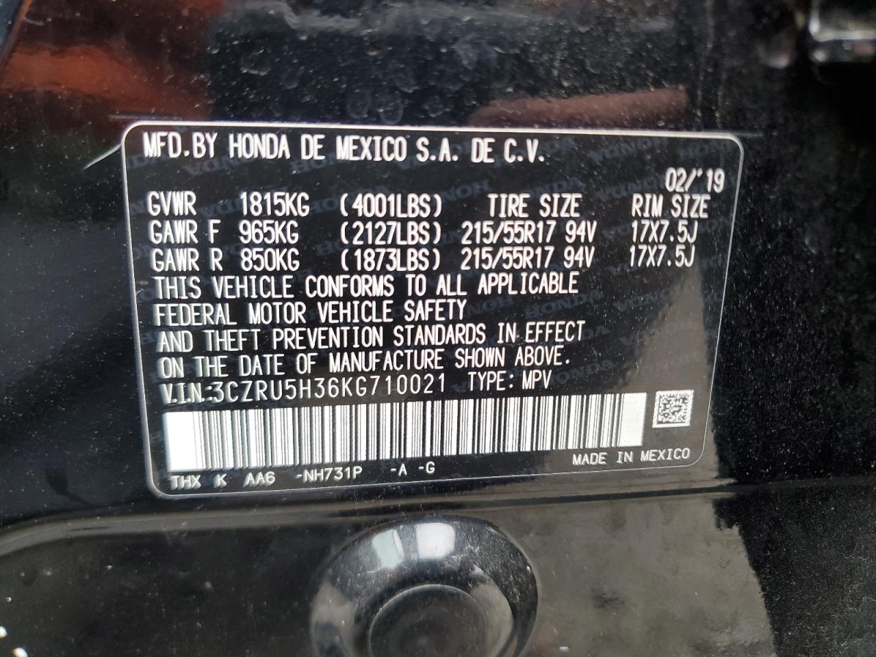 2019 Honda HR-V VIN 3CZRU5H36KG710021 Copart auction photo, front end / undercarriage damage thumbnail 14
