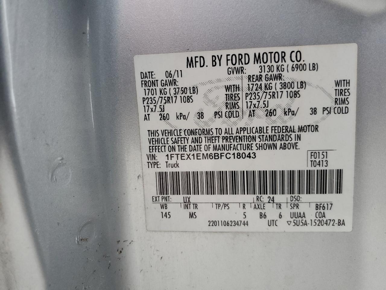 2011 Ford F-150 VIN 1FTEX1EM6BFC18043 Copart auction photo, all over / minor dent/scratches damage thumbnail 15