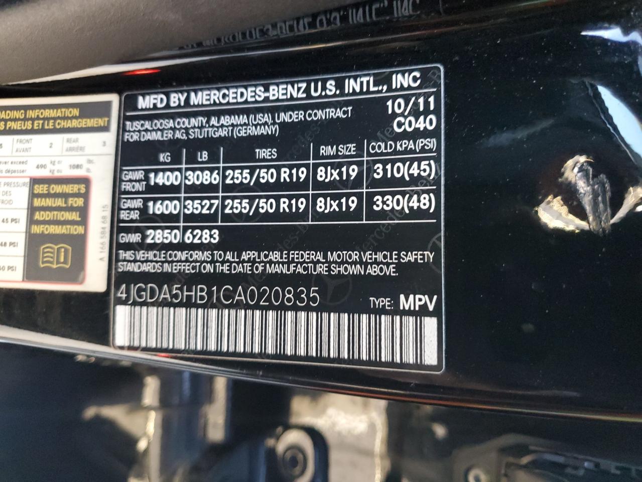 2012 Mercedes-Benz M-klasse VIN 4JGDA5HB1CA020835 Copart auction photo, front end damage thumbnail 14