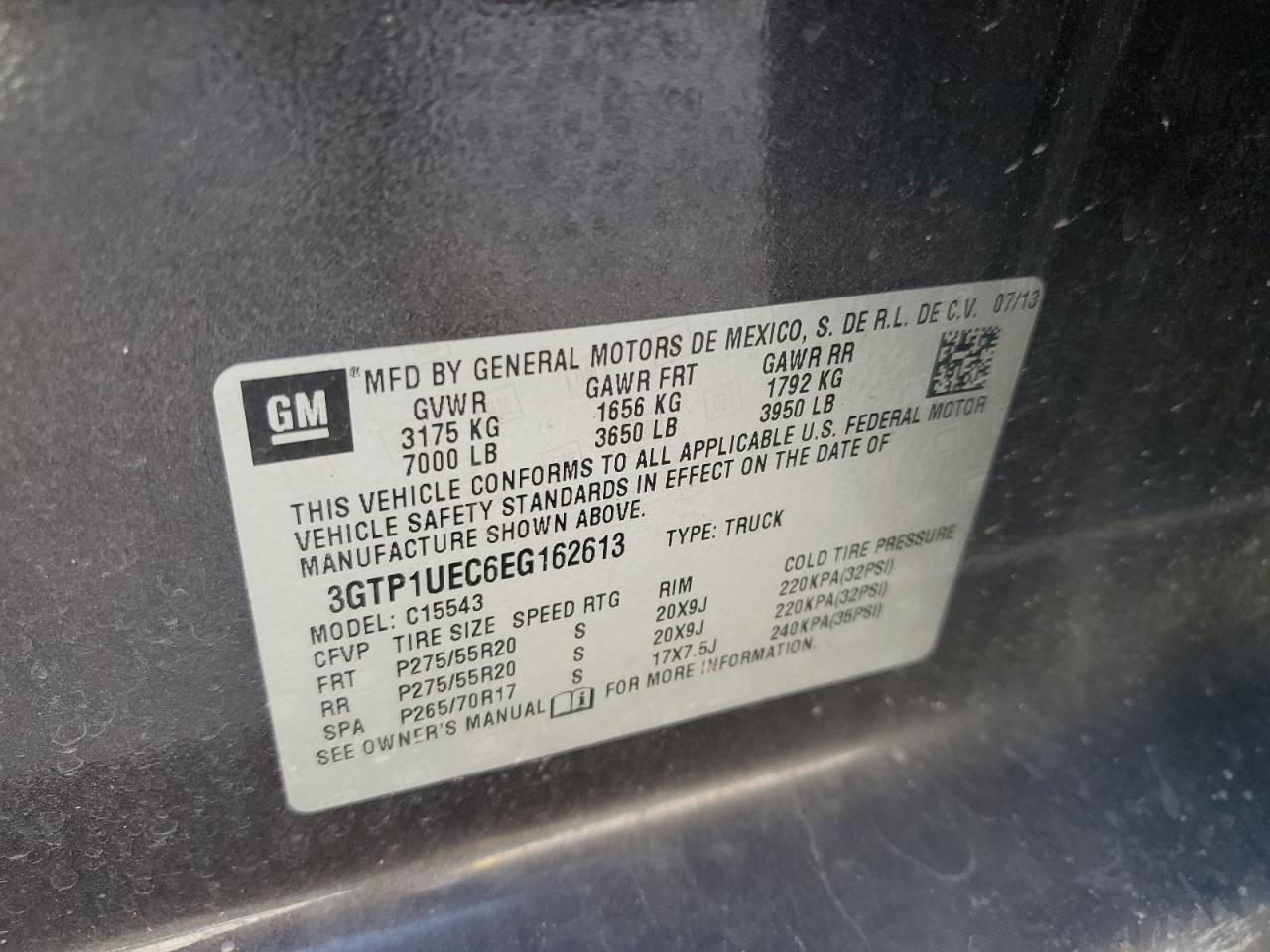 2014 GMC Sierra VIN 3GTP1UEC6EG162613 Copart auction photo, front end / minor dent/scratches damage thumbnail 13