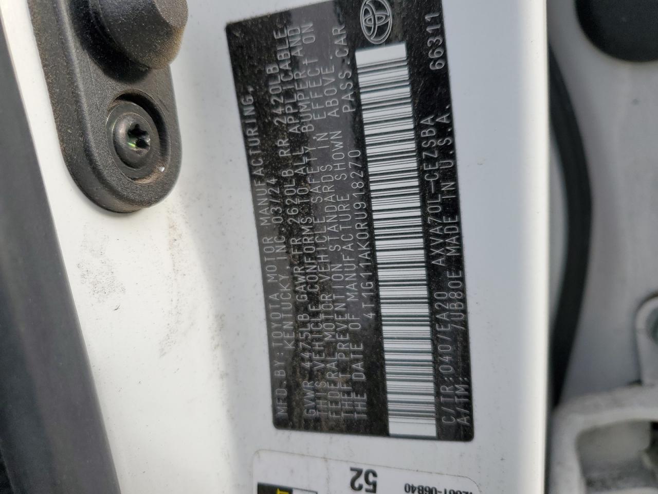 2024 Toyota Camry VIN 4T1G11AK0RU918270 Copart auction photo, all over damage thumbnail 12