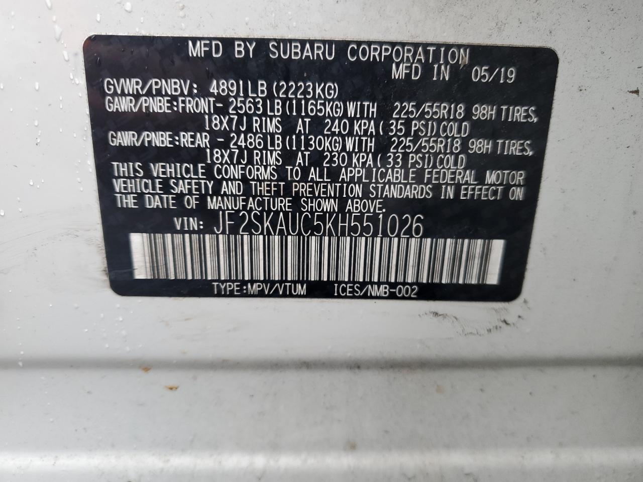 2019 Subaru Forester VIN JF2SKAUC5KH551026 Copart auction photo, rear end / top/roof damage thumbnail 13