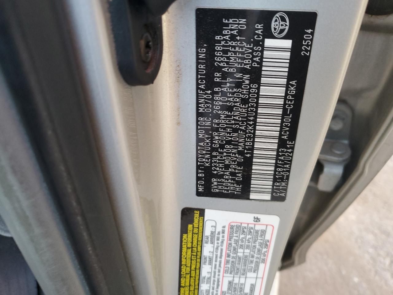 2004 Toyota Camry VIN 4T1BE32K44U330096 Copart auction photo, front end damage thumbnail 15
