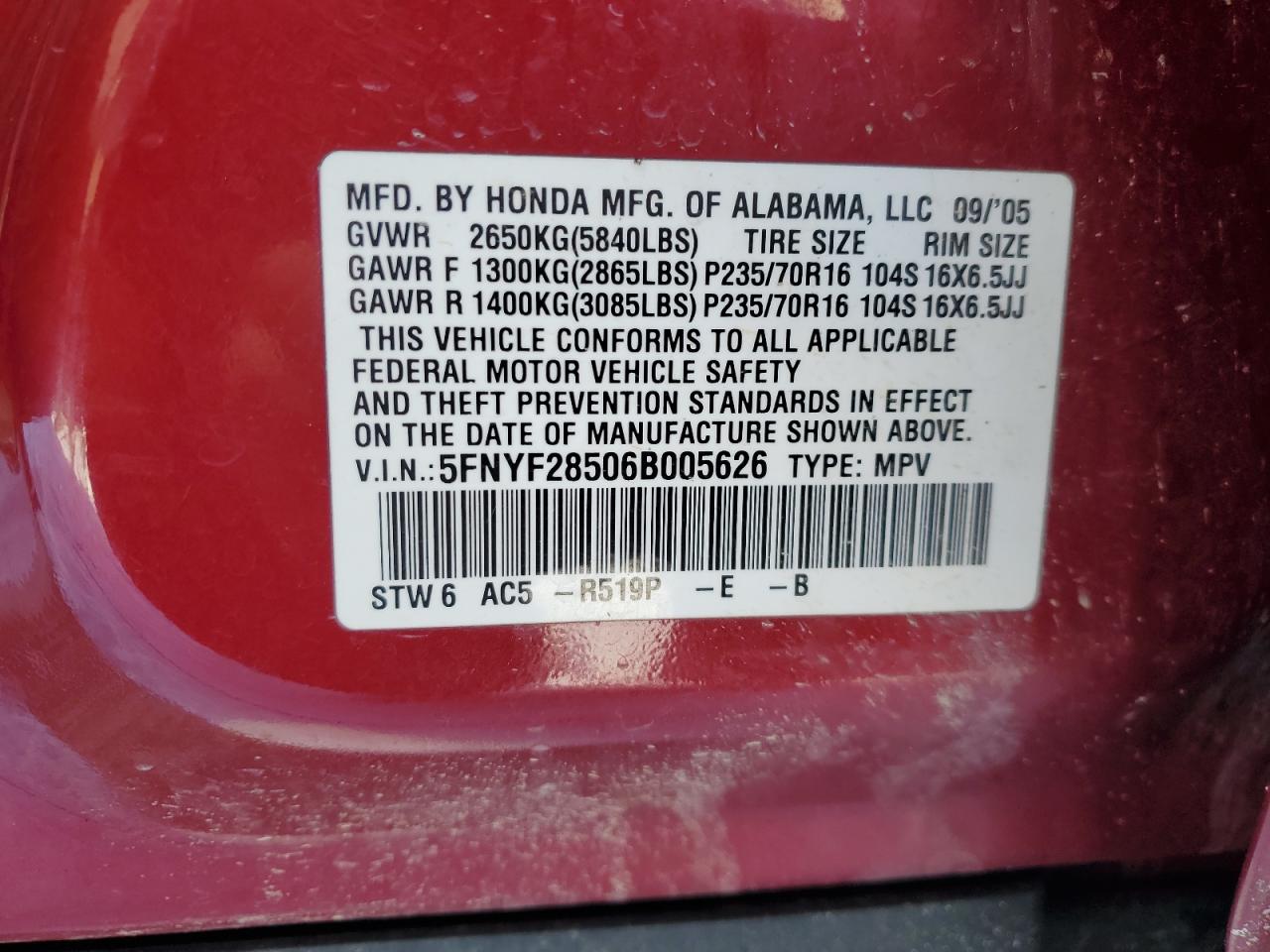 2006 Honda Pilot VIN 5FNYF28506B005626 Copart auction photo, rear end / front end damage thumbnail 13