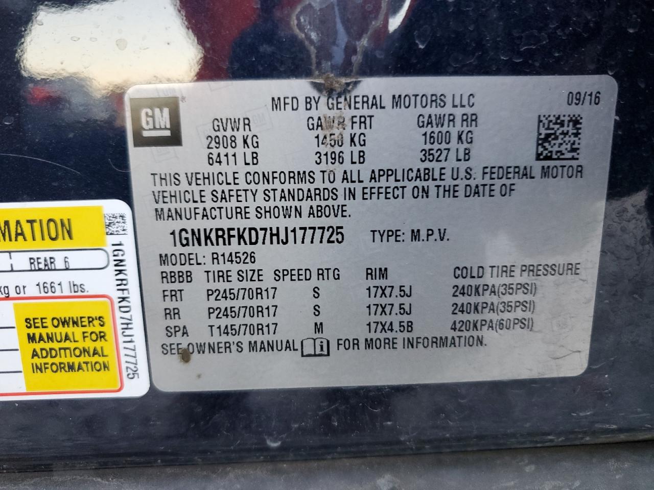 2017 Chevrolet Traverse VIN 1GNKRFKD7HJ177725 Copart auction photo, front end damage thumbnail 13