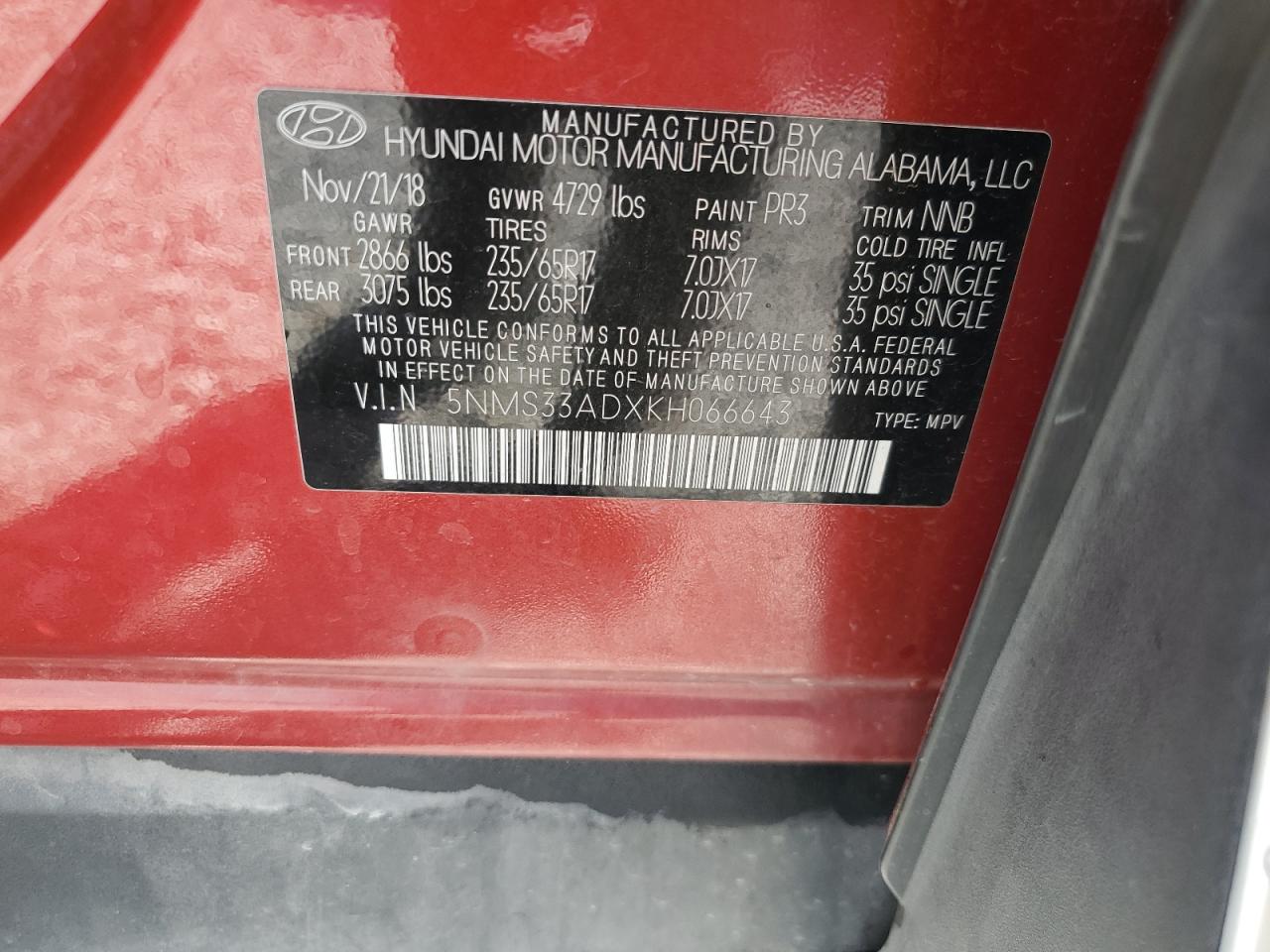 2019 Hyundai Santa Fe VIN 5NMS33ADXKH066643 Copart auction photo, front end damage thumbnail 16