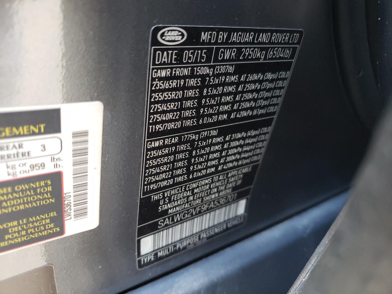 2015 Land Rover Range Rover VIN SALWG2VF9FA536701 Copart auction photo, front end / minor dent/scratches damage thumbnail 13