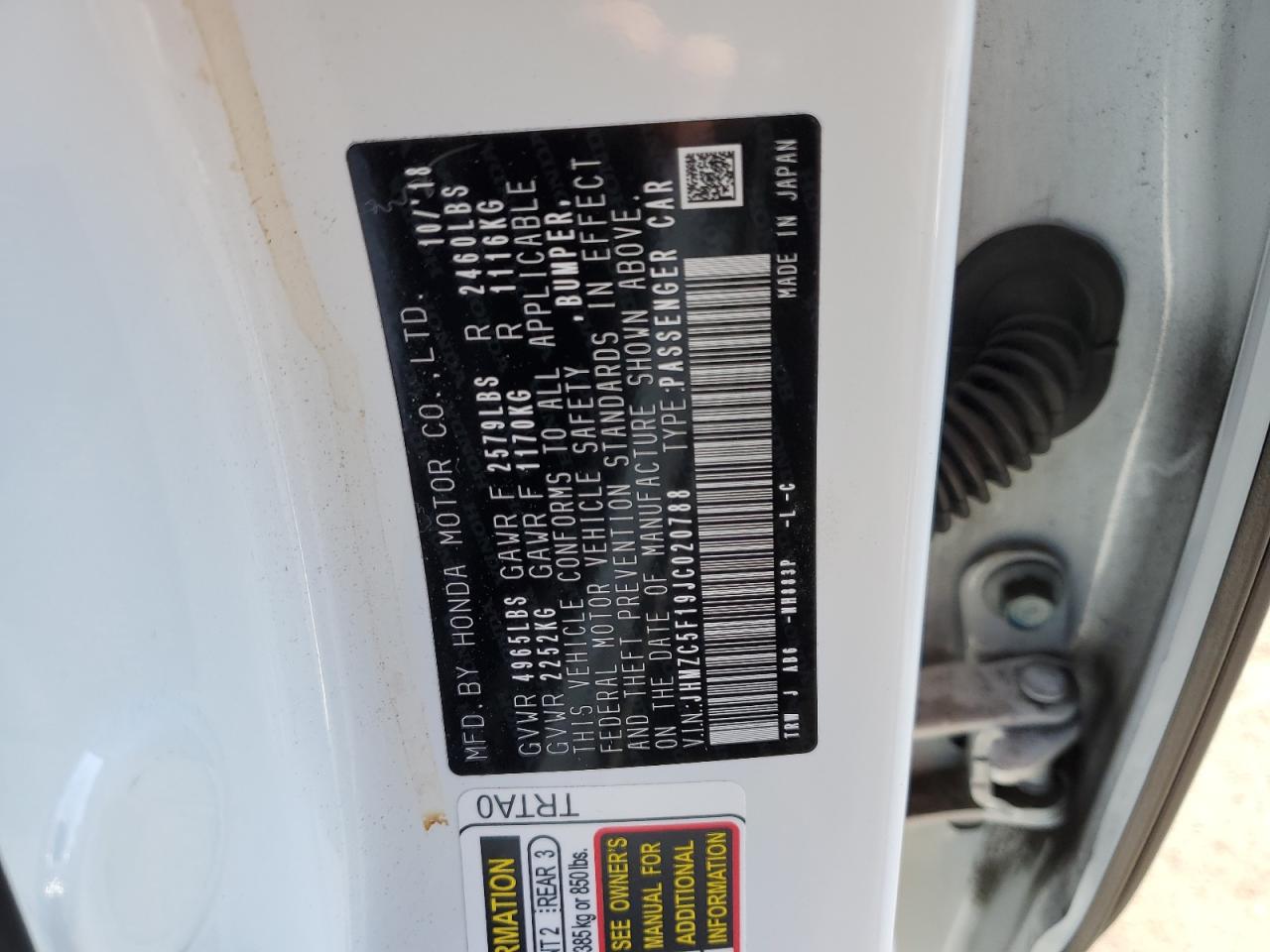 2018 Honda Clarity VIN JHMZC5F19JC020788 Copart auction photo, rear end damage thumbnail 13