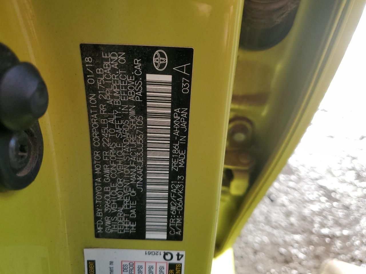 2018 Toyota Corolla VIN JTNKARJE3JJ567105 Copart auction photo, front end damage thumbnail 13
