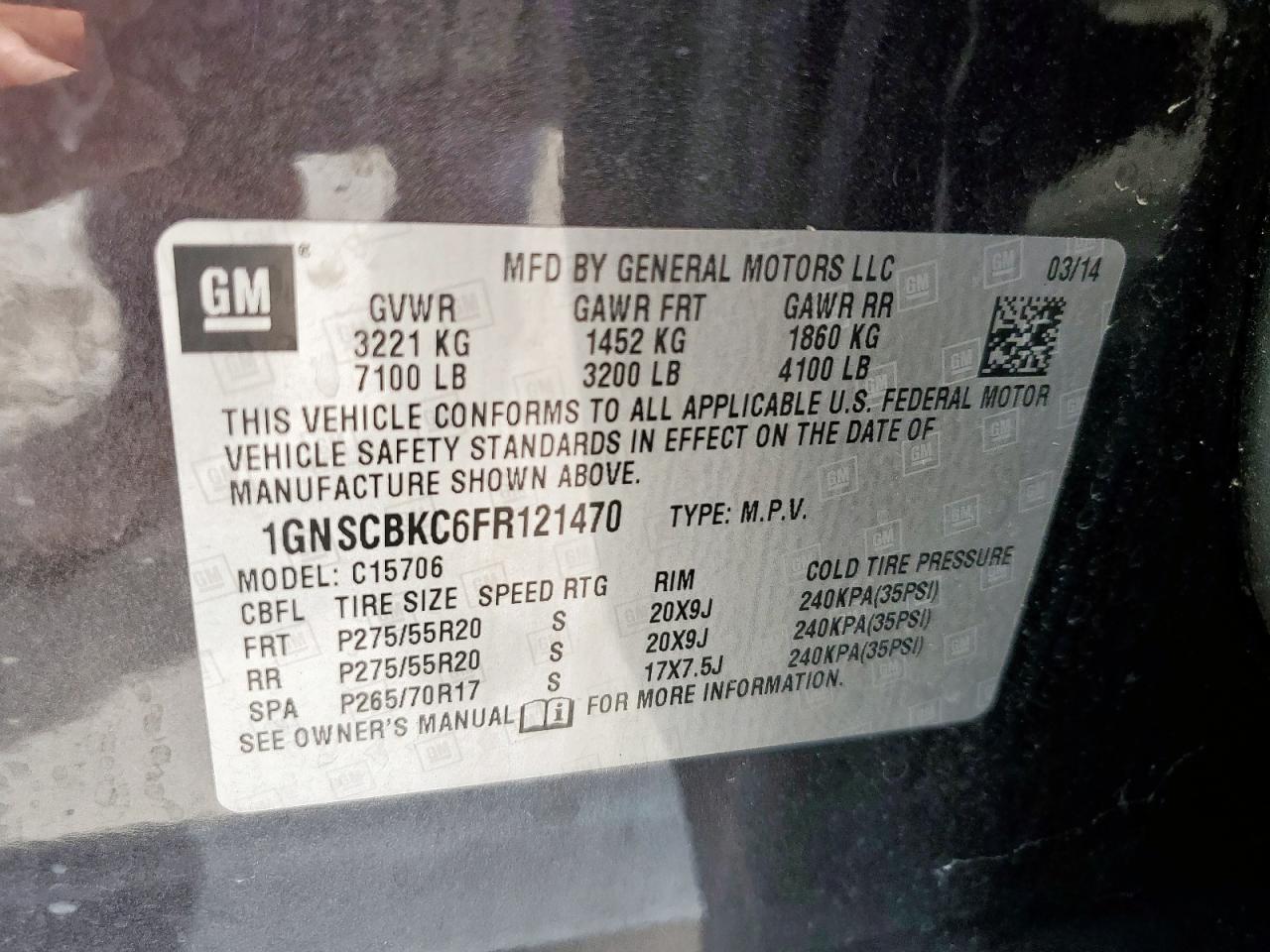 2015 Chevrolet Tahoe VIN 1GNSCBKC6FR121470 Copart auction photo, side damage thumbnail 13