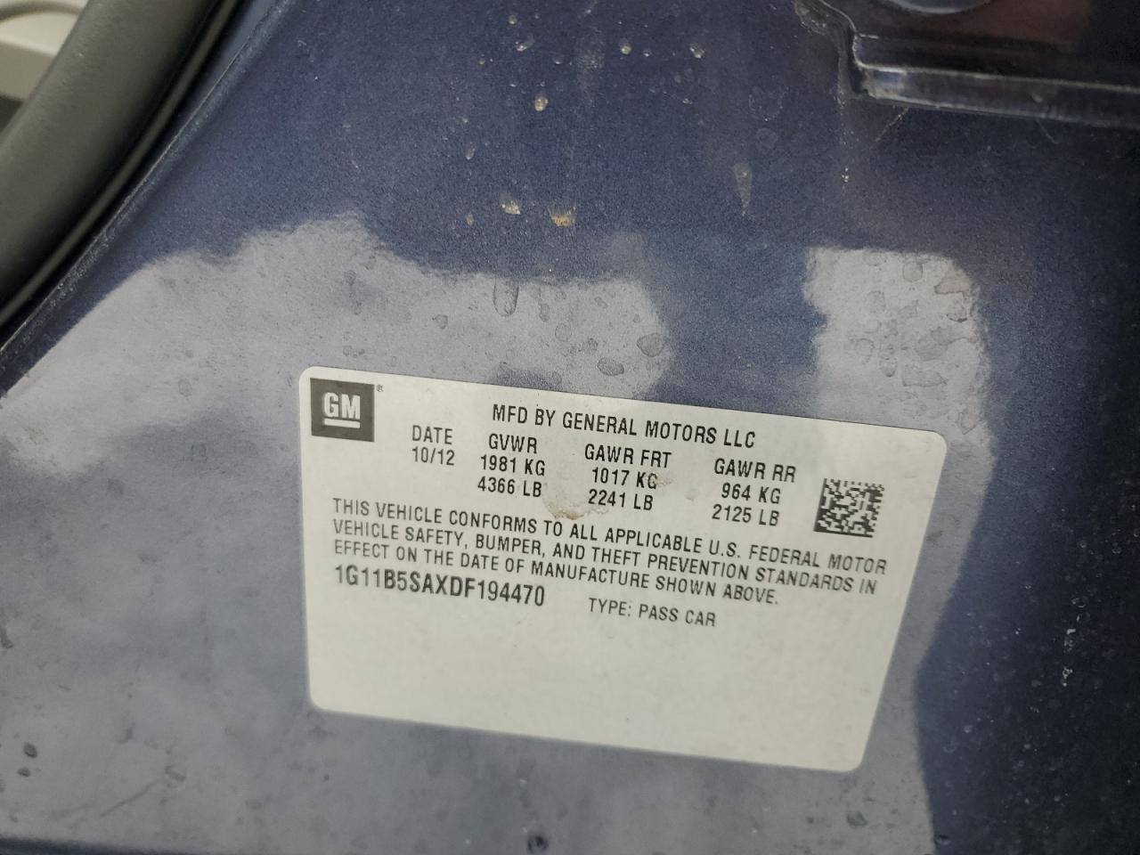 2013 Chevrolet Malibu VIN 1G11B5SAXDF194470 Copart auction photo, side / rear end damage thumbnail 12