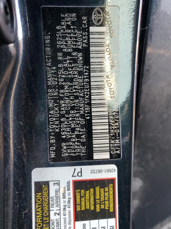 2014 Toyota Camry VIN 4T1BF1FK2EU791472 Copart auction photo, front end / side damage thumbnail 15