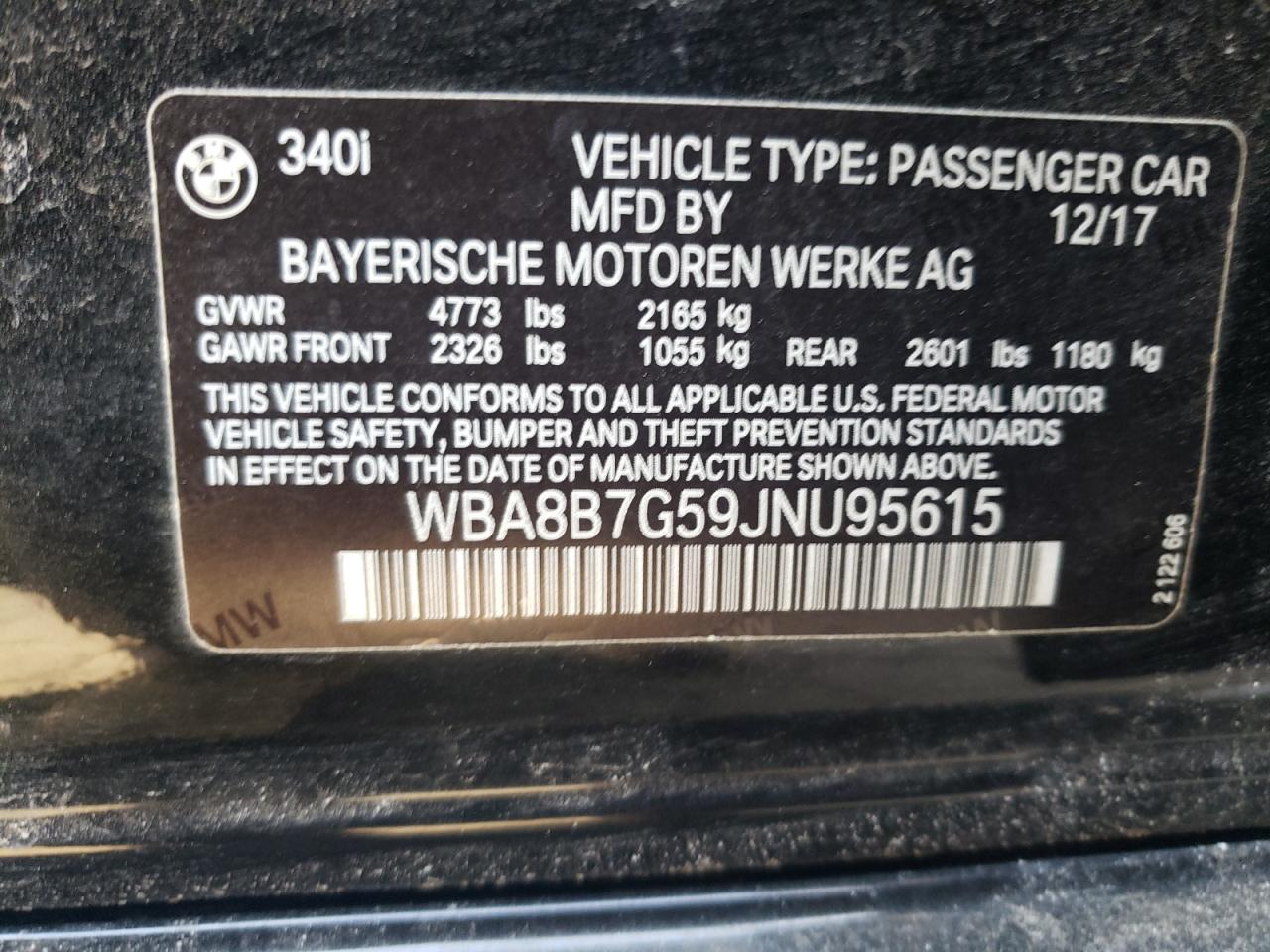 2018 BMW 3er VIN WBA8B7G59JNU95615 Copart auction photo, vandalism / top/roof damage thumbnail 12
