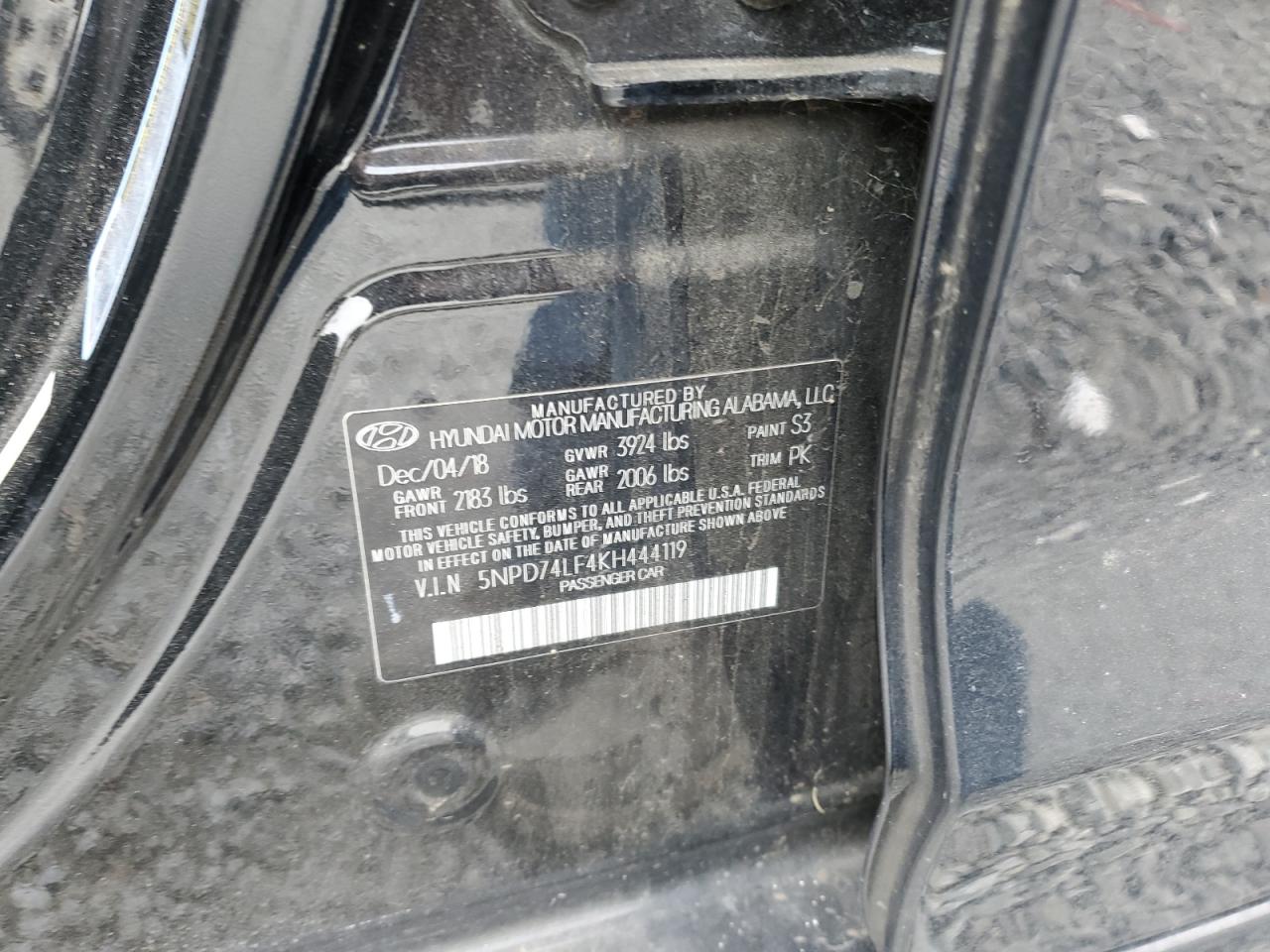 2019 Hyundai Elantra VIN 5NPD74LF4KH444119 Copart auction photo, front end / vandalism damage thumbnail 12