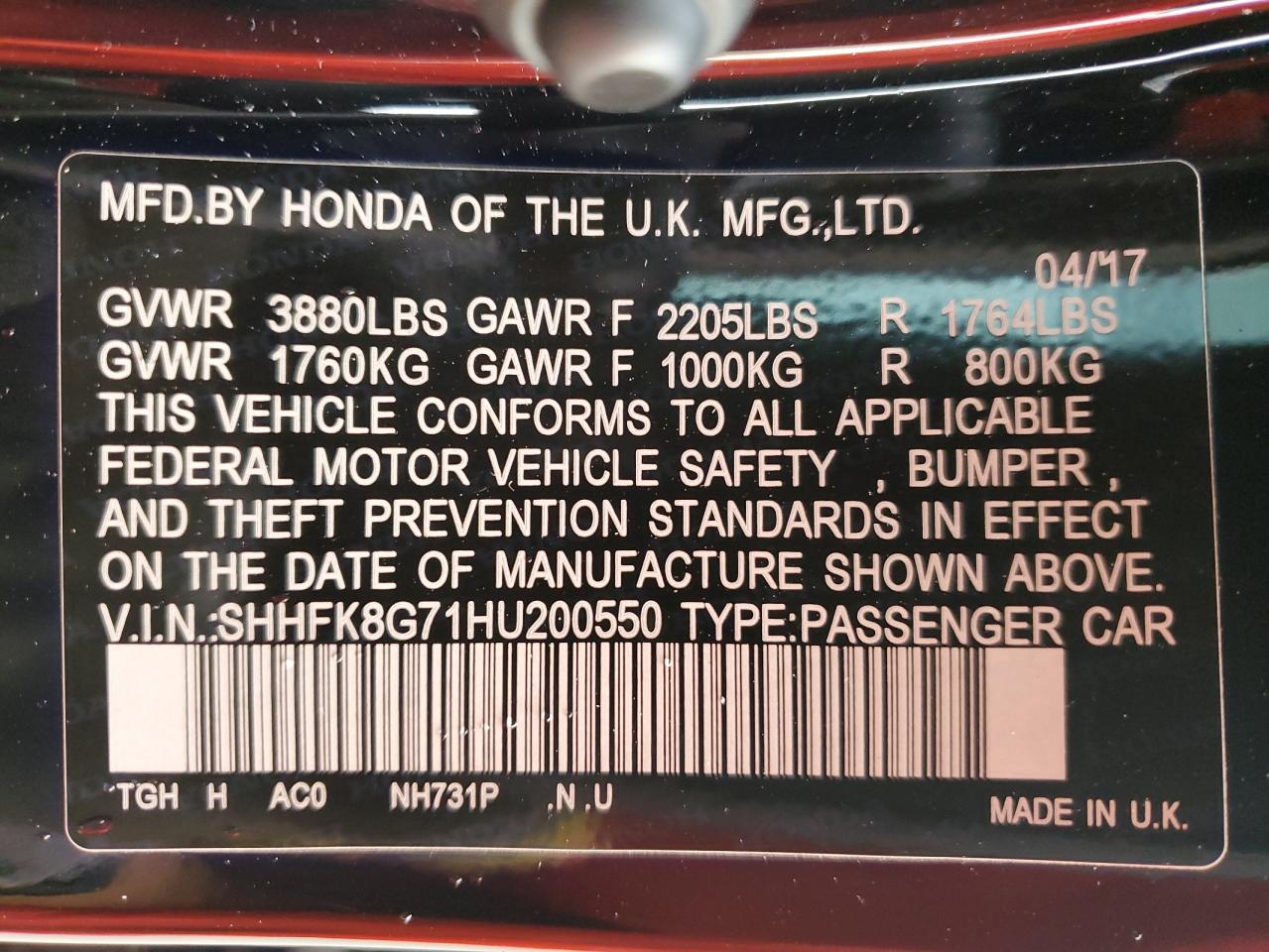 2017 Honda Civic VIN SHHFK8G71HU200550 Copart auction photo, front end damage thumbnail 14