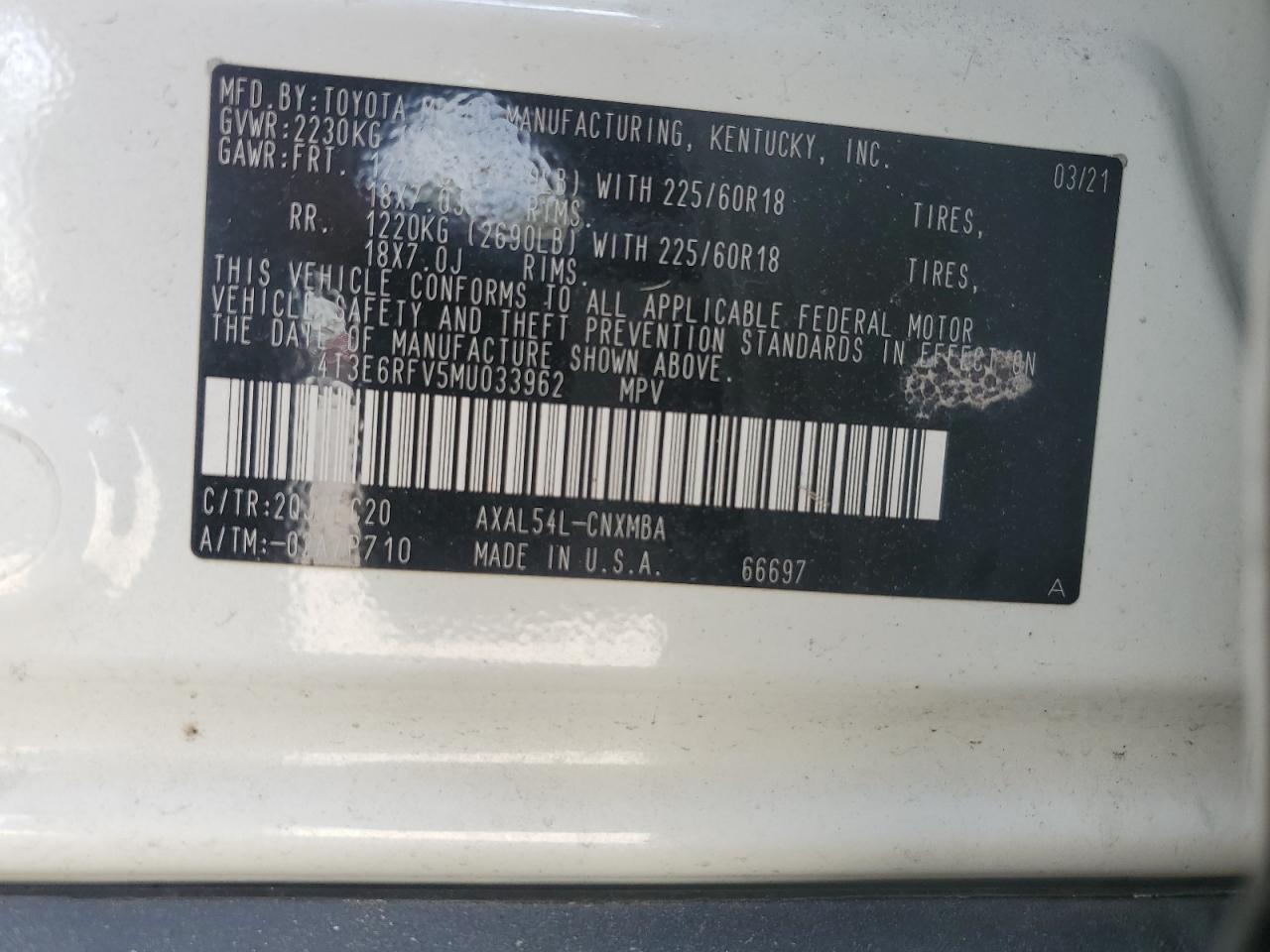 2021 Toyota RAV 4 VIN 4T3E6RFV5MU033962 Copart auction photo, side / front end damage thumbnail 15