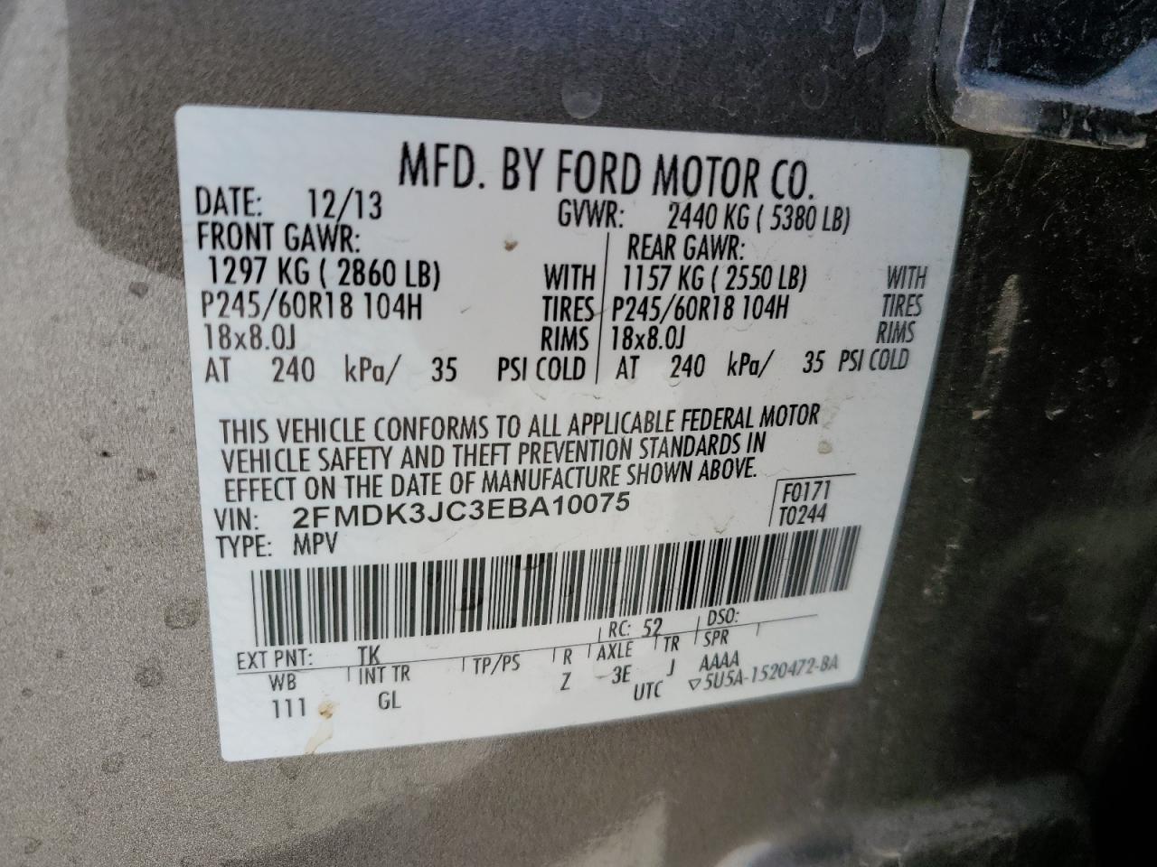 2014 Ford Edge VIN 2FMDK3JC3EBA10075 Copart auction photo, front end damage thumbnail 13