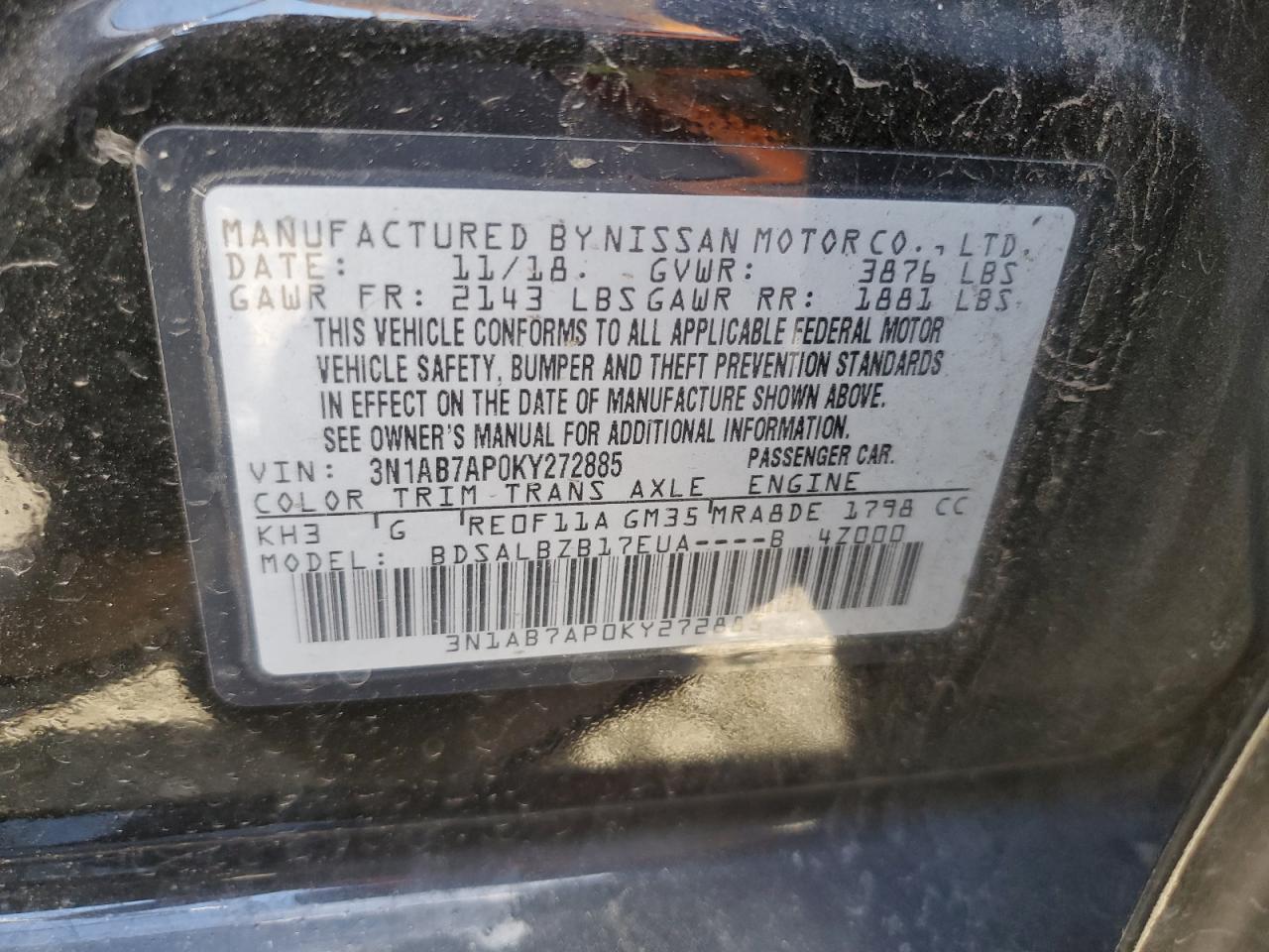 2019 Nissan Sentra VIN 3N1AB7AP0KY272885 Copart auction photo, front end / side damage thumbnail 12