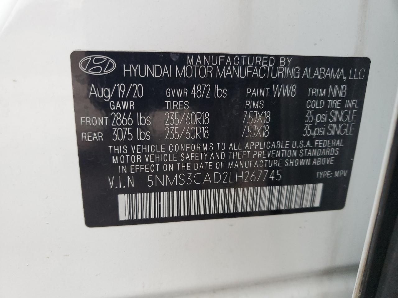 2020 Hyundai Santa Fe VIN 5NMS3CAD2LH267745 Copart auction photo, side damage thumbnail 13