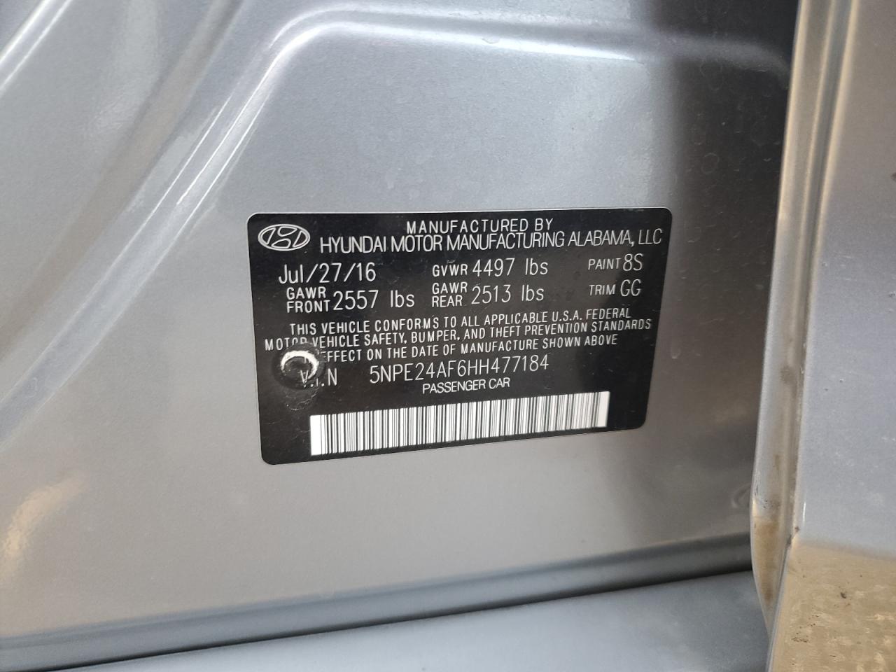 2017 Hyundai Sonata VIN 5NPE24AF6HH477184 Copart auction photo, vandalism damage thumbnail 12