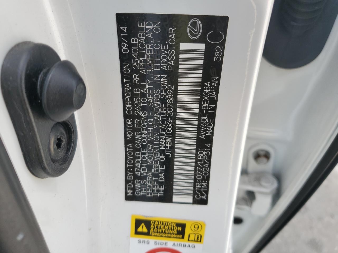 2015 Lexus ES VIN JTHBW1GG6F2078892 Copart auction photo, front end damage thumbnail 12
