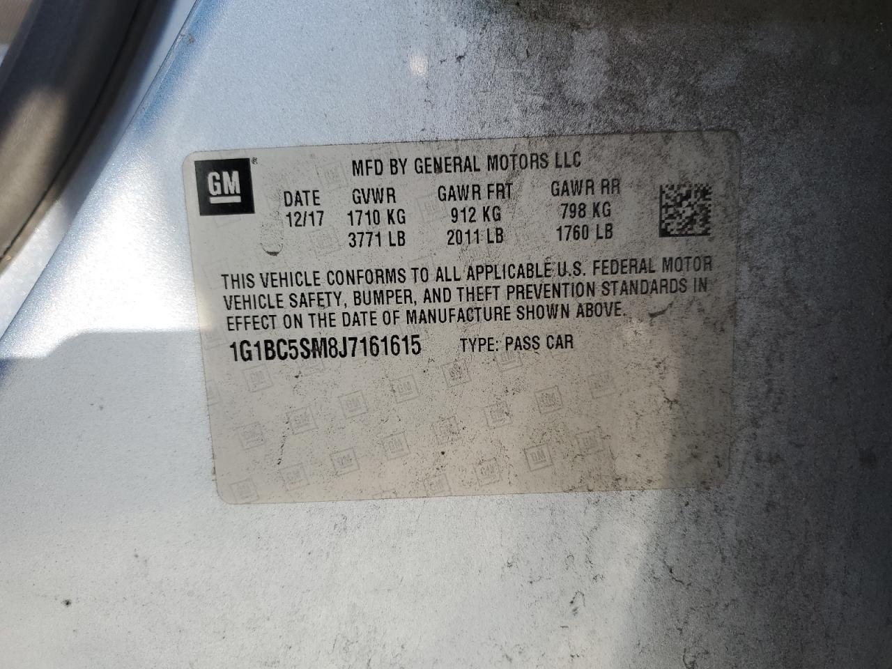 2018 Chevrolet Cruze VIN 1G1BC5SM8J7161615 Copart auction photo, front end / rear end damage thumbnail 12