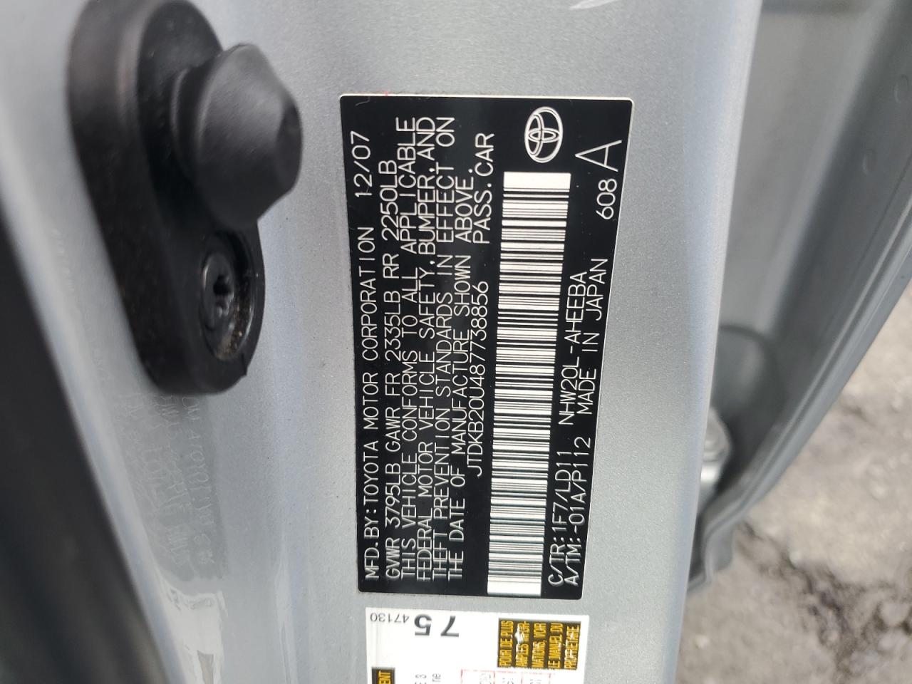 2008 Toyota Prius VIN JTDKB20U487738856 Copart auction photo, vandalism damage thumbnail 12