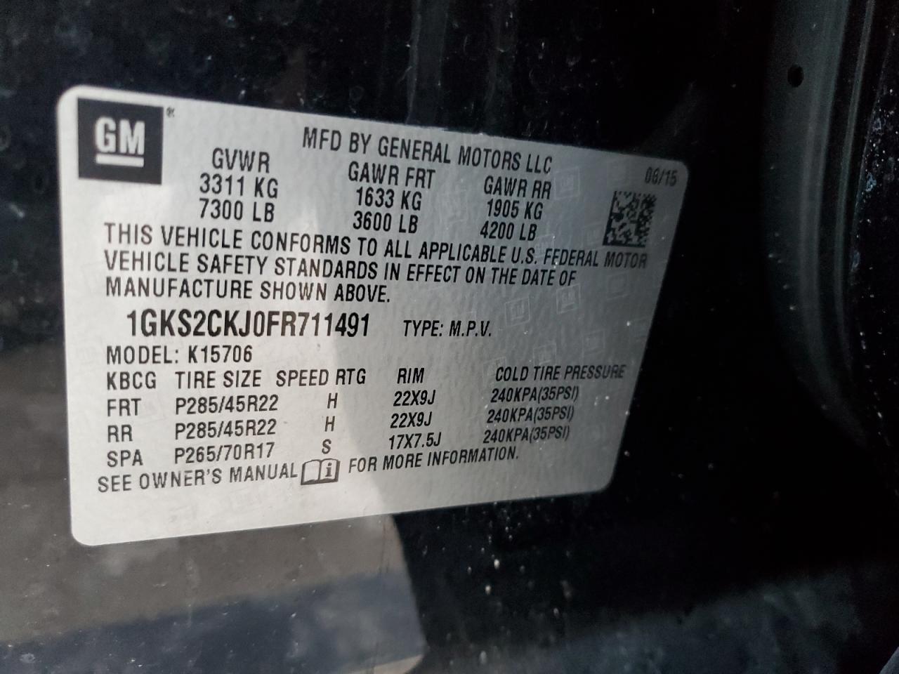 2015 GMC Yukon VIN 1GKS2CKJ0FR711491 Copart auction photo, front end damage thumbnail 15
