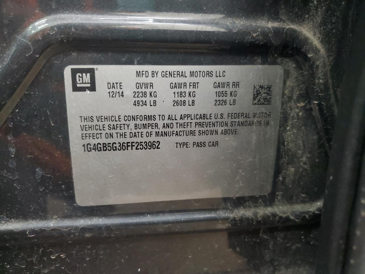 2015 Buick LaCrosse VIN 1G4GB5G36FF253962 Copart auction photo, front end damage thumbnail 14