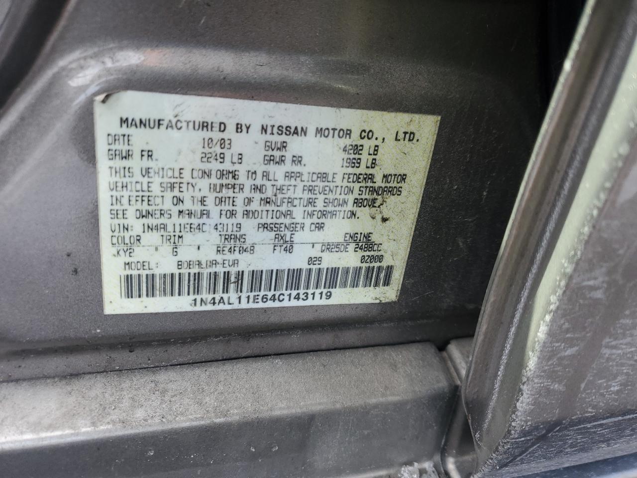 2004 Nissan Altima VIN 1N4AL11E64C143119 Copart auction photo, rear end damage thumbnail 12