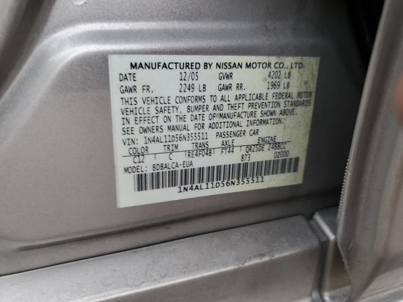 2006 Nissan Altima VIN 1N4AL11D56N355511 Copart auction photo, front end damage thumbnail 13
