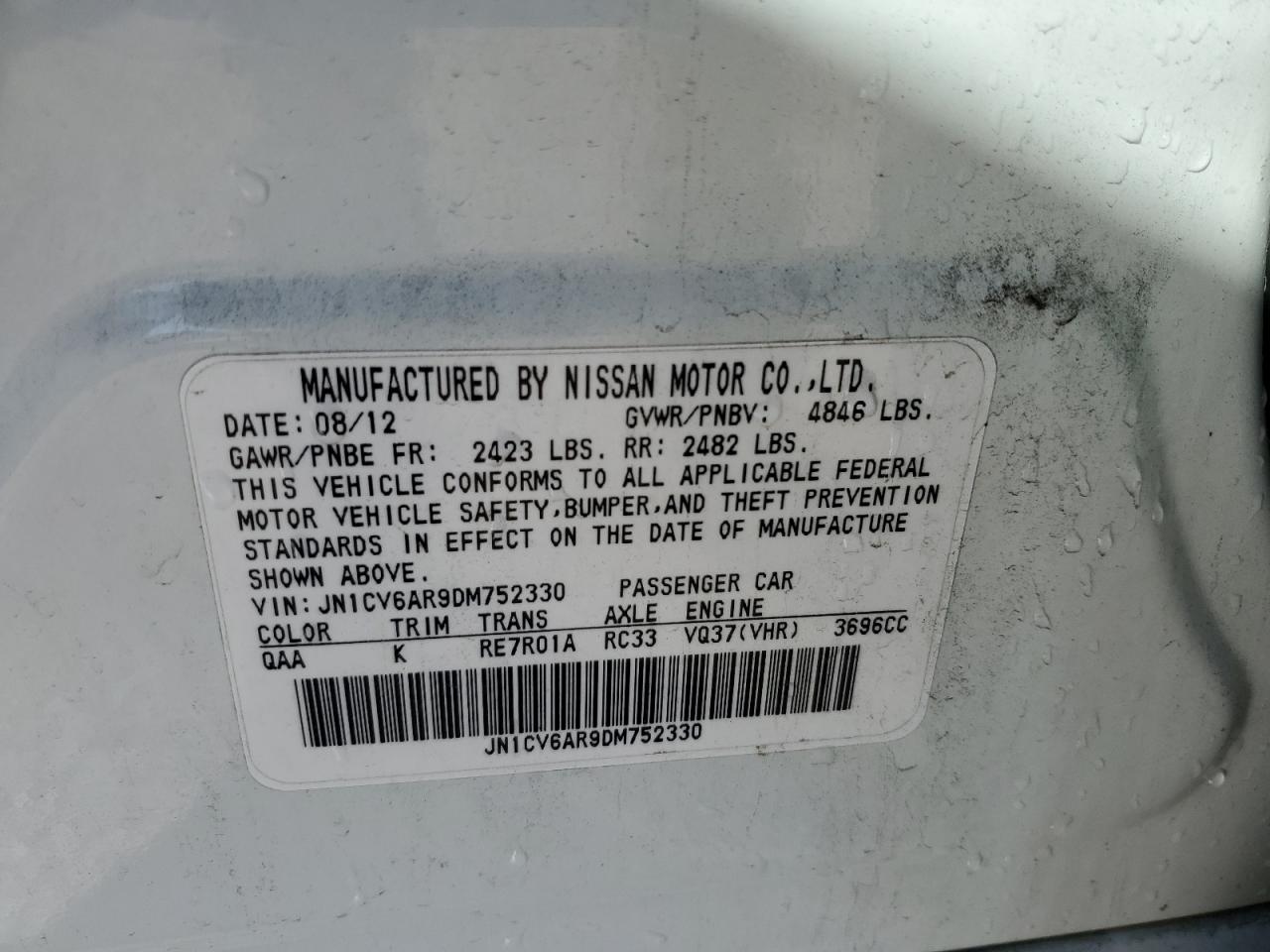 2013 Infiniti G VIN JN1CV6AR9DM752330 Copart auction photo, front end damage thumbnail 12