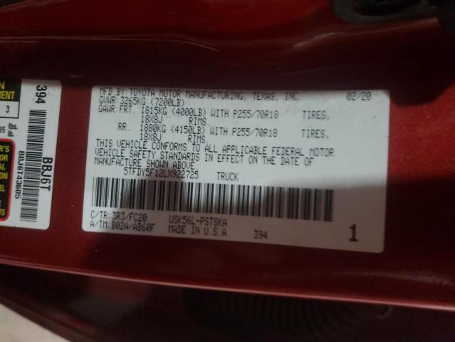 2020 Toyota Tundra VIN 5TFDY5F12LX922725 Copart auction photo, all over damage thumbnail 12