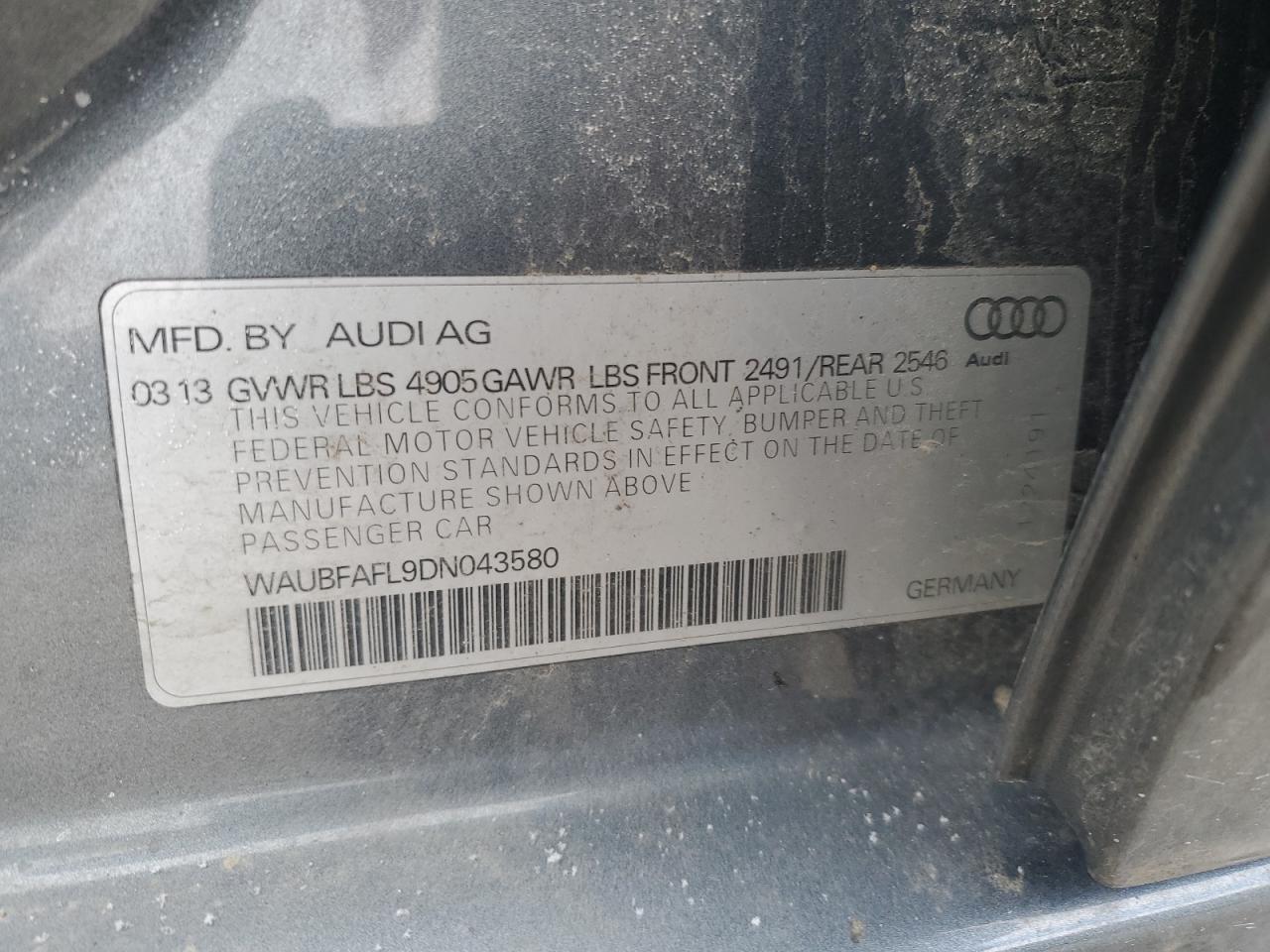 2013 Audi A4 VIN WAUBFAFL9DN043580 Copart auction photo, front end / side damage thumbnail 14