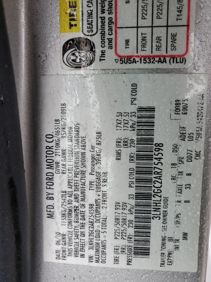 2010 Lincoln MKZ VIN 3LNHL2GC2AR754598 Copart auction photo, front end / top/roof damage thumbnail 14