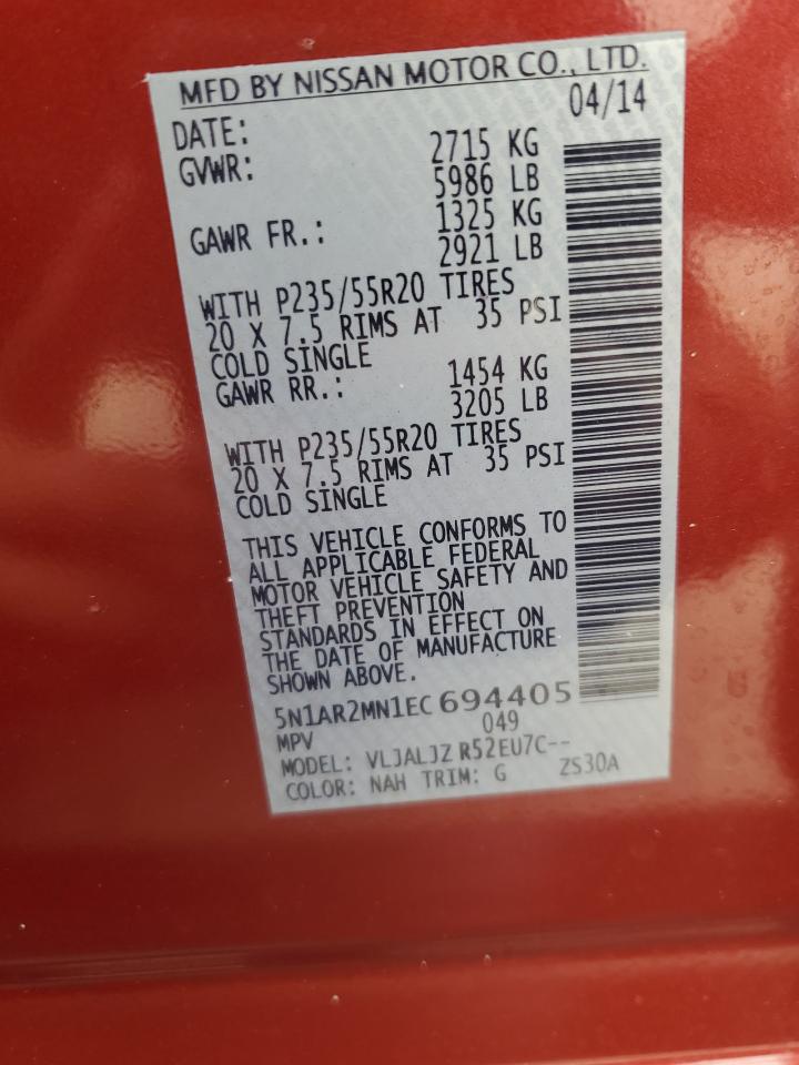 2014 Nissan Pathfinder VIN 5N1AR2MN1EC694405 Copart auction photo, front end damage thumbnail 13