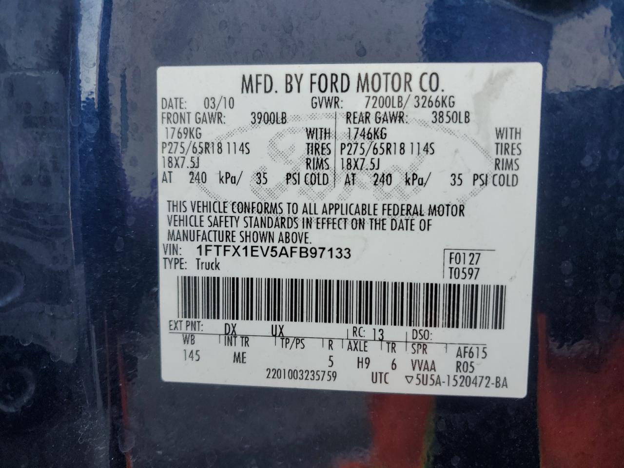 2010 Ford F-150 VIN 1FTFX1EV5AFB97133 Copart auction photo, all over damage thumbnail 12