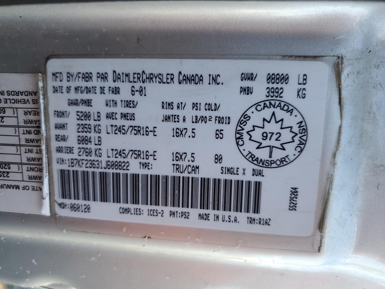 2001 Dodge RAM VIN 1B7KF23631J608822 Copart auction photo, front end damage thumbnail 14