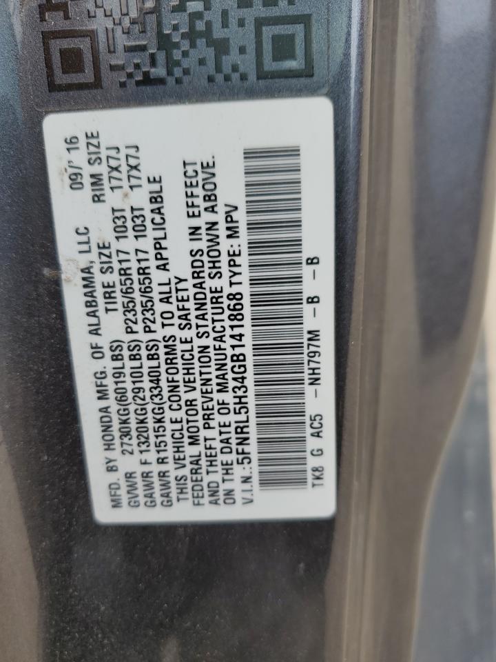2016 Honda Odyssey VIN 5FNRL5H34GB141868 Copart auction photo, side / minor dent/scratches damage thumbnail 13