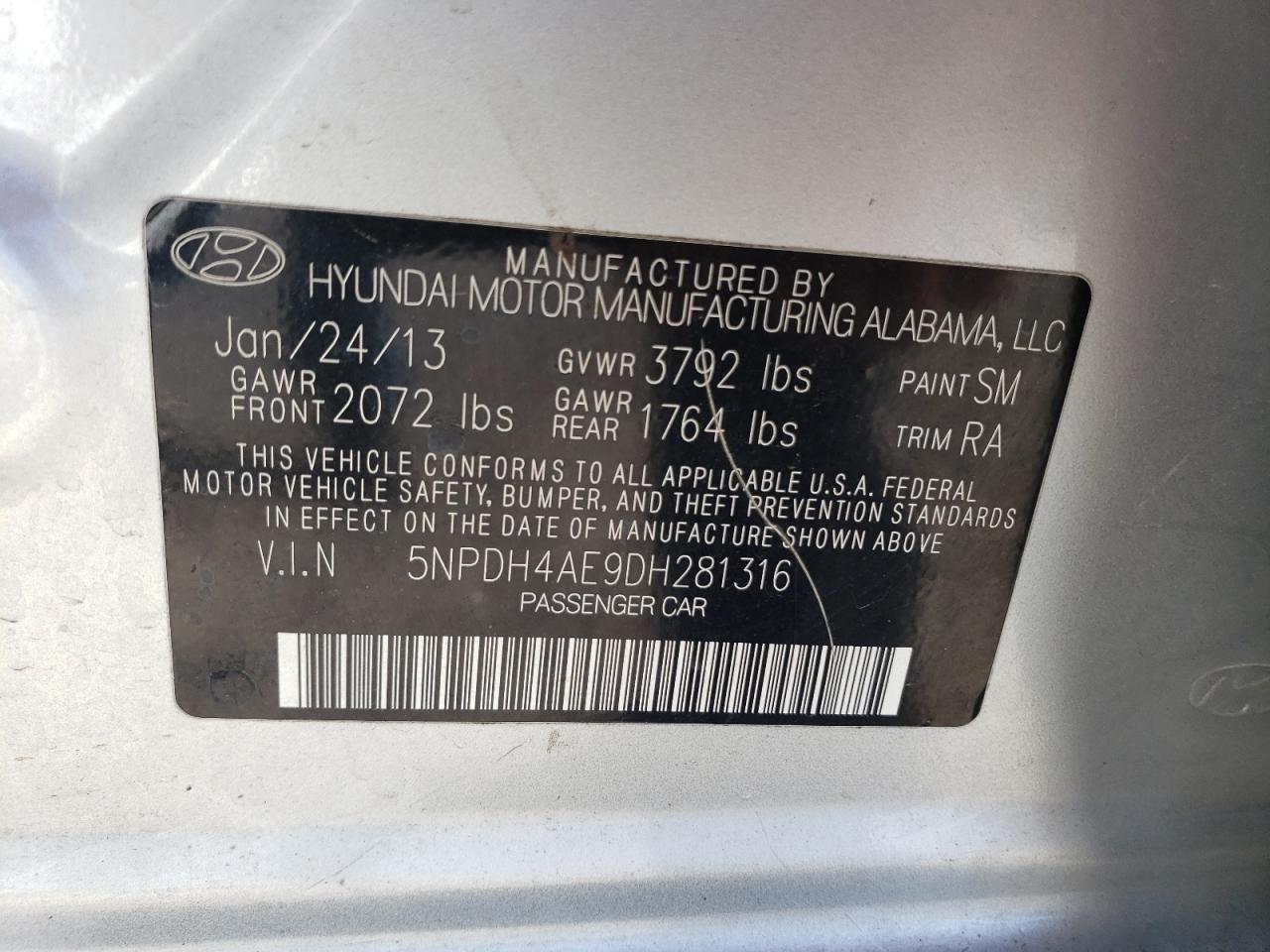 2013 Hyundai Elantra VIN 5NPDH4AE9DH281316 Copart auction photo, front end damage thumbnail 13