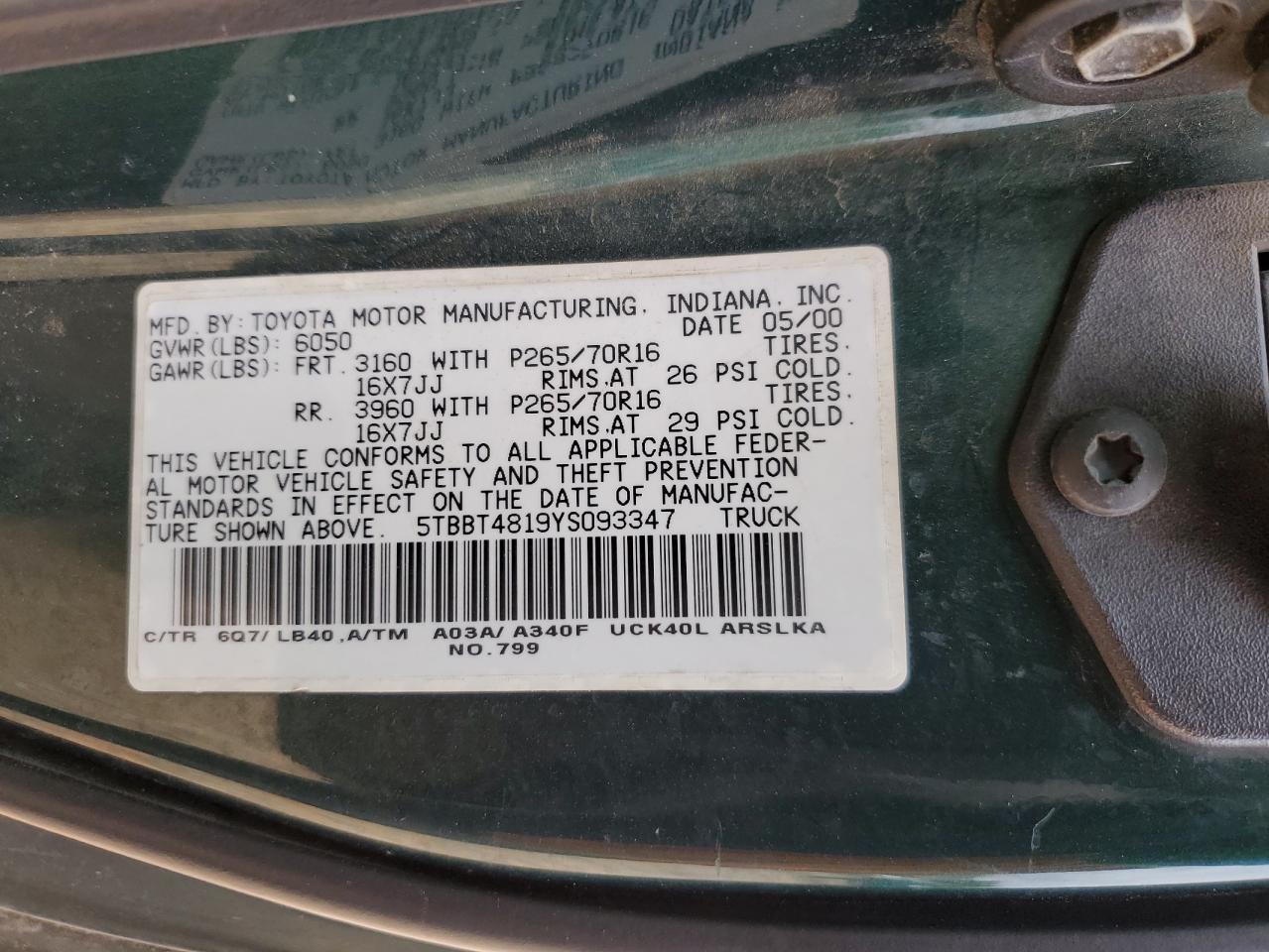 2000 Toyota Tundra VIN 5TBBT4819YS093347 Copart auction photo, mechanical / all over damage thumbnail 12