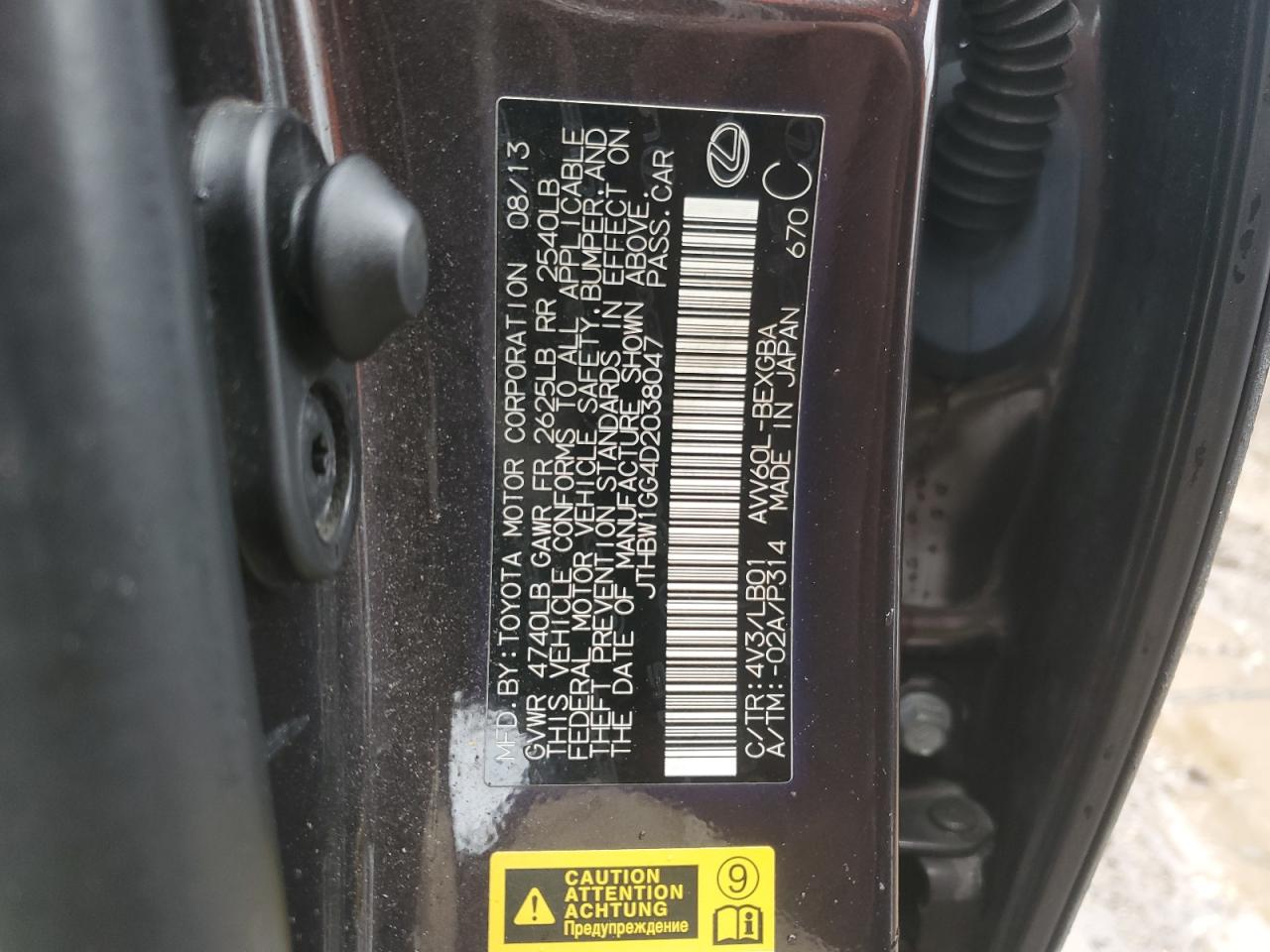 2013 Lexus ES VIN JTHBW1GG4D2038047 Copart auction photo, front end damage thumbnail 13