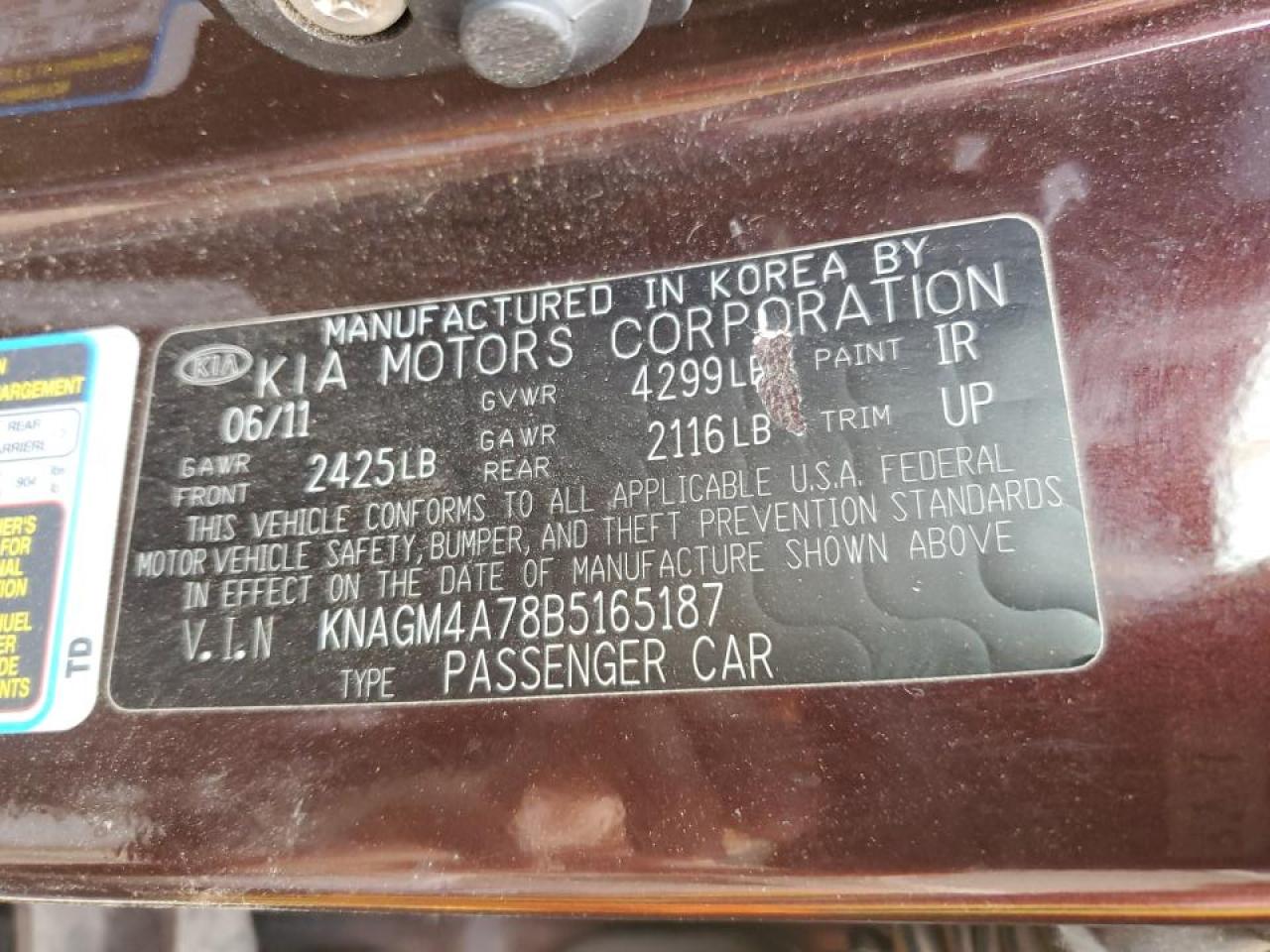 2011 KIA Optima VIN KNAGM4A78B5165187 Copart auction photo, vandalism / minor dent/scratches damage thumbnail 12